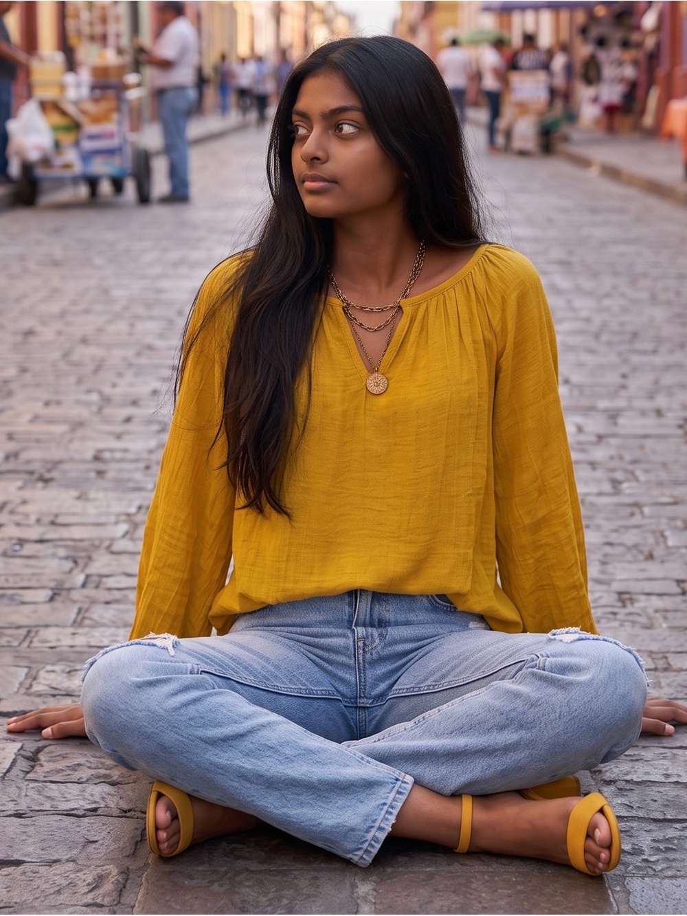 Unique Spectrum Mustard Long-Sleeve Peasant Blouse